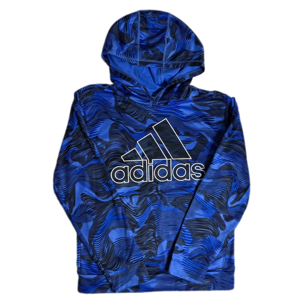 Adidas Boys 14/16 Large Sweatshirt Hooddie Warp Camo Allover Print Blue & Black
